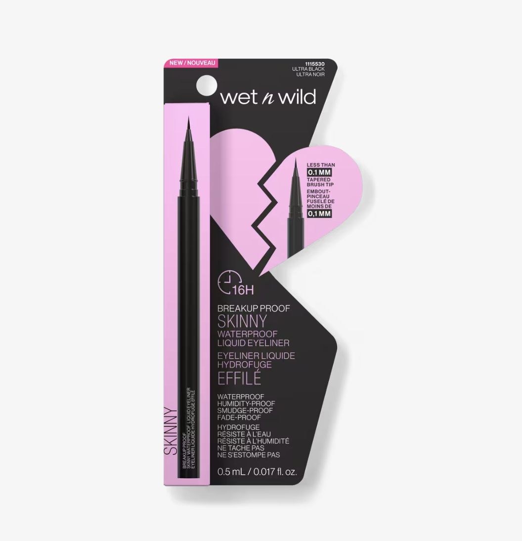 Wet n Wild Breakup Proof Eyeliner in black and pink blister packaging, with a heart graphic and bold text highlighting 0.1mm tip and 16HR wear